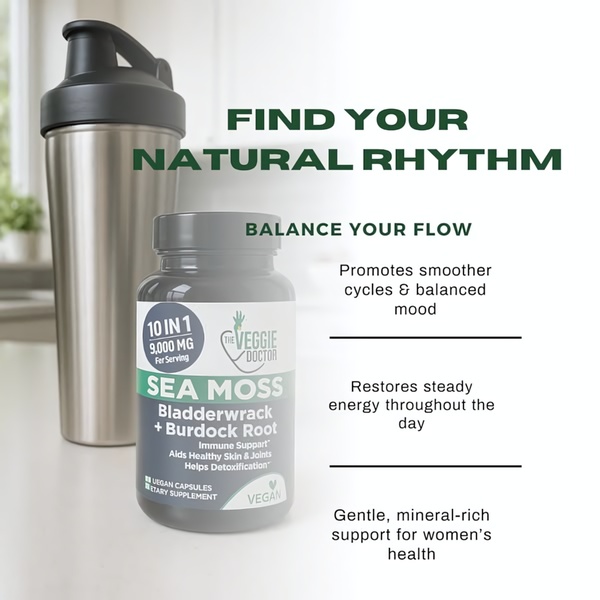 A clean, minimalist product ad for Sea Moss capsules highlighting wellness benefits and rhythmic lifestyle support.